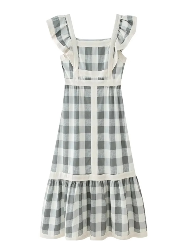 Square Neck Contrast Patchwork Dress – Woven Lattice Design for Spring & Summer