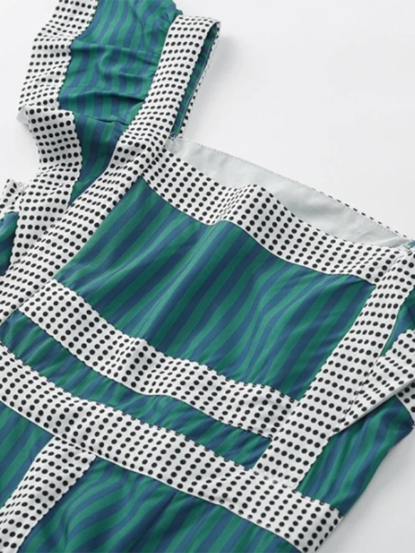 Square Neck Contrast Patchwork Dress – Woven Lattice Design for Spring & Summer