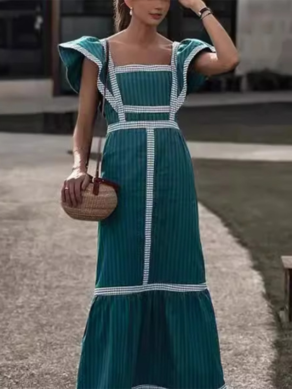 Square Neck Contrast Patchwork Dress – Woven Lattice Design for Spring & Summer