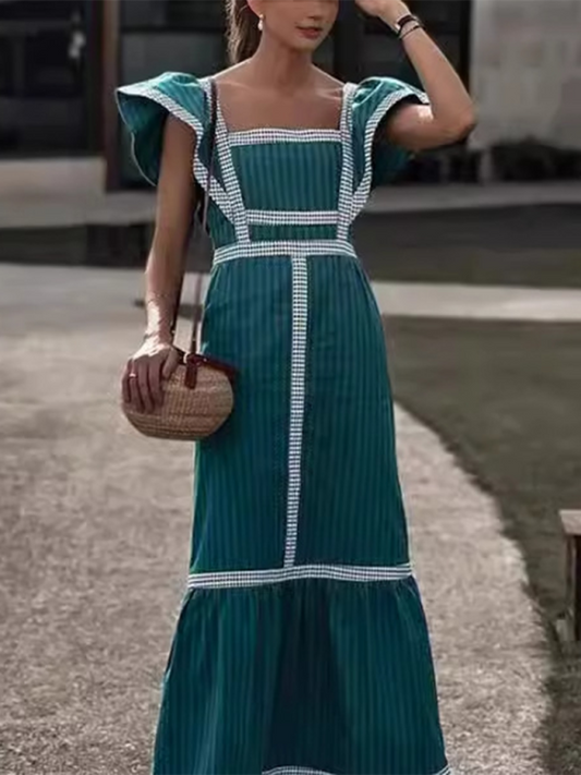 Square Neck Contrast Patchwork Dress – Woven Lattice Design for Spring & Summer