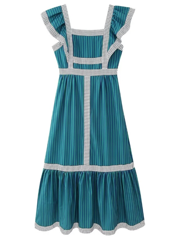 Square Neck Contrast Patchwork Dress – Woven Lattice Design for Spring & Summer