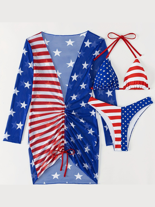 Patriotic Halter Bikini Set – 3-Piece Sleeveless Flag Print with Cover-Up