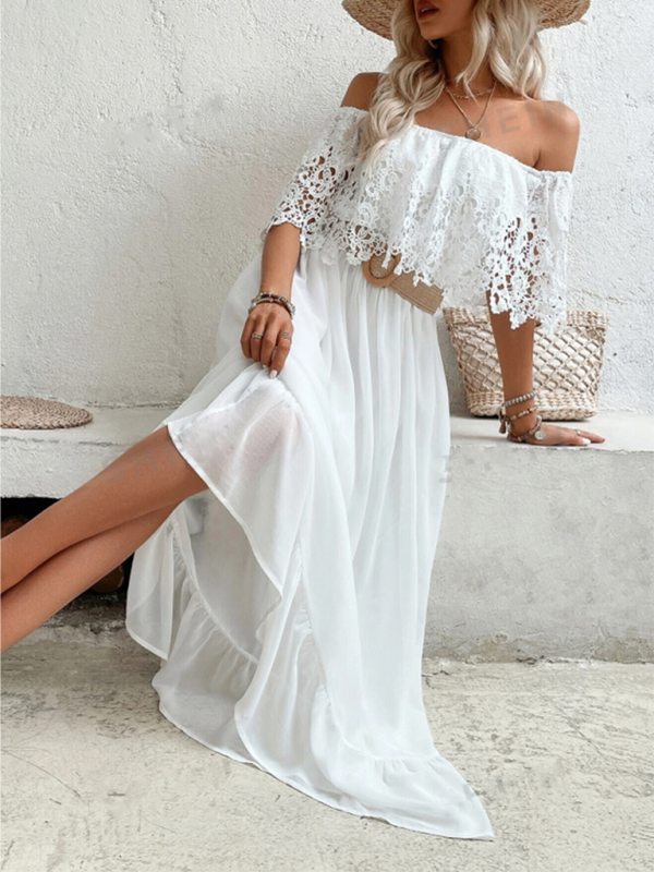 Off-Shoulder Guipure Lace Ruffle Hem Dress – Elegant Spring-Summer Look
