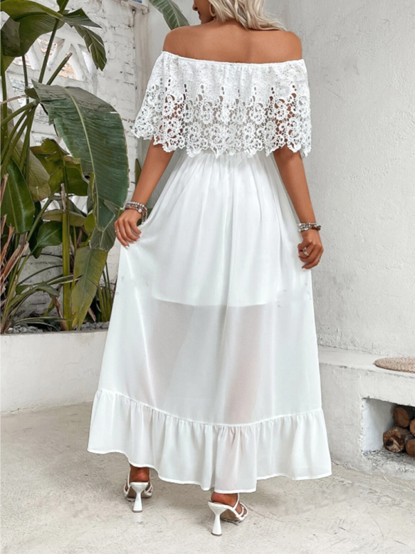 Off-Shoulder Guipure Lace Ruffle Hem Dress – Elegant Spring-Summer Look