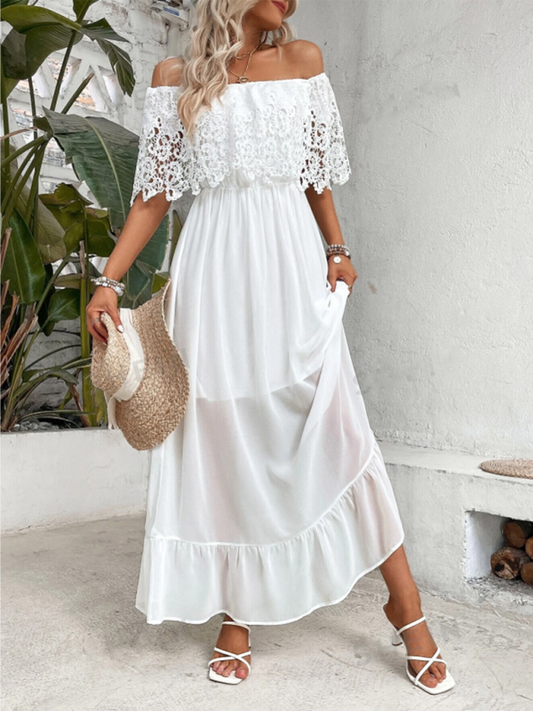 Off-Shoulder Guipure Lace Ruffle Hem Dress – Elegant Spring-Summer Look