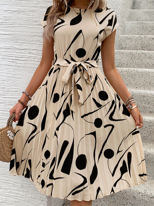 Geometric Print Pleated Midi Dress – Lightweight Spring-Summer Style