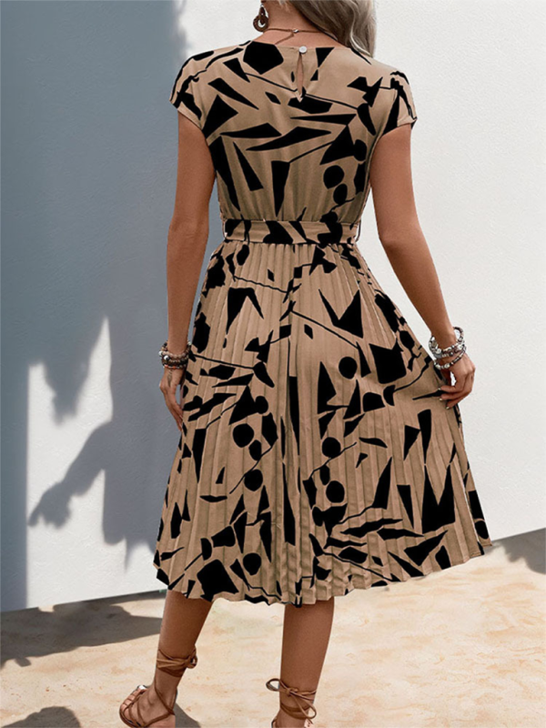 Geometric Print Pleated Midi Dress – Lightweight Spring-Summer Style