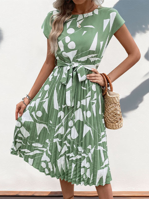 Geometric Print Pleated Midi Dress – Lightweight Spring-Summer Style