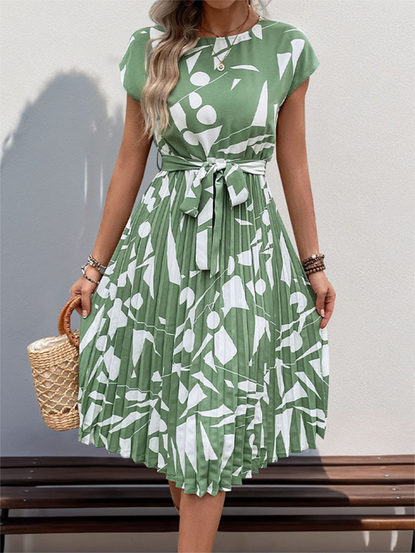 Geometric Print Pleated Midi Dress – Lightweight Spring-Summer Style