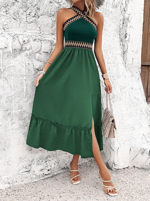Elegant Halter Neck High-Waisted Midi Dress – Sleeveless Spring Style