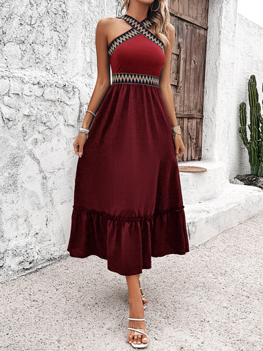 Elegant Halter Neck High-Waisted Midi Dress – Sleeveless Spring Style