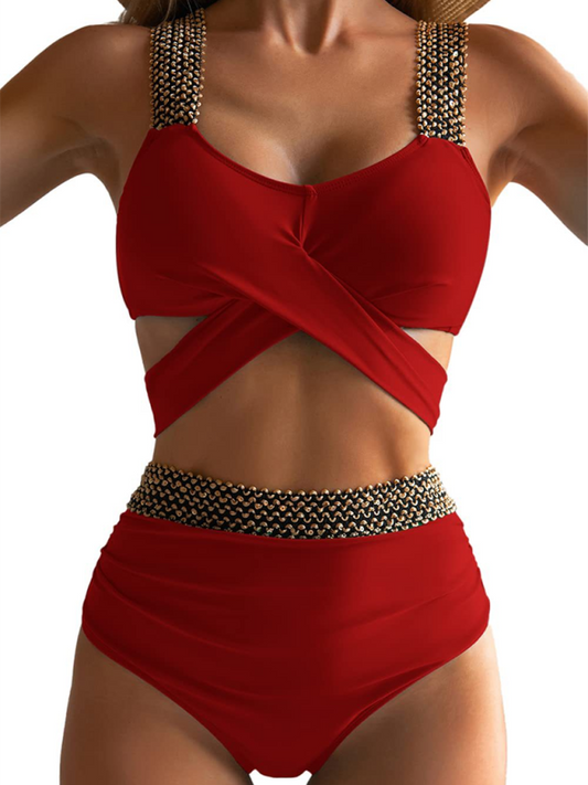 Sexy Cross-Back Bikini Set – Solid Two-Piece with Moderate Stretch
