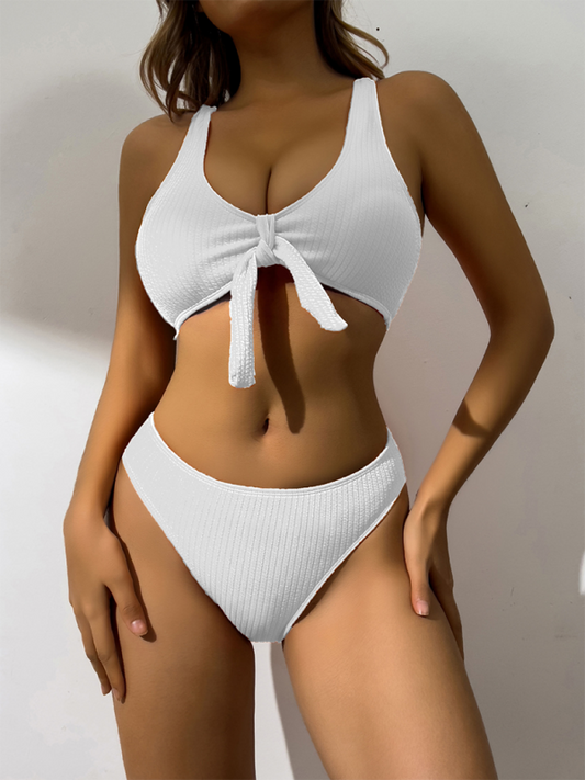 Solid Color Hollow Bikini Set – Pierced Cutout Design in White, Black, Orange