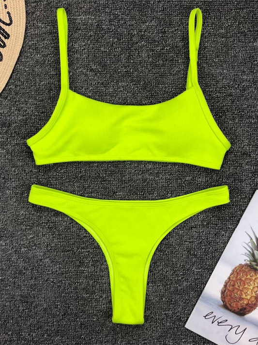 Fluorescent Two-Piece Bikini Set – Solid Color, Sexy Fit, Moderate Stretch