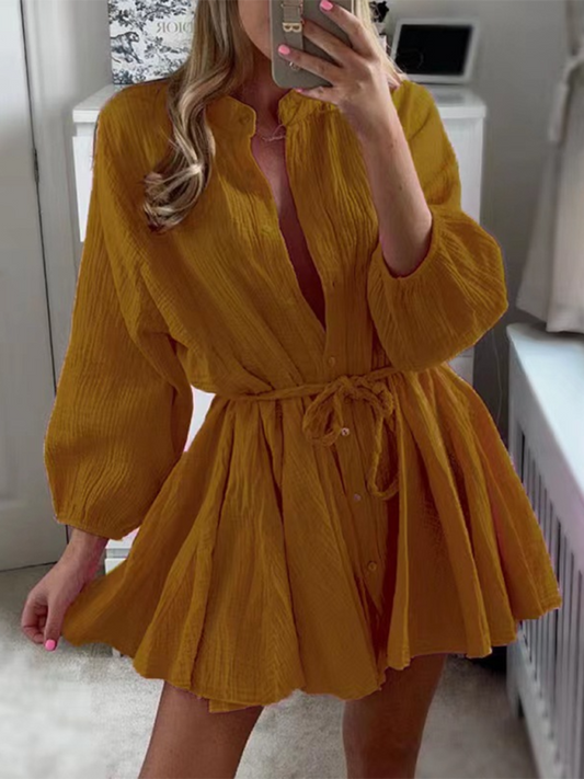Solid Color Button Tie Mini Dress with Ruffled Hem – Leisure Style