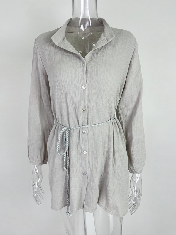 Solid Color Button Tie Mini Dress with Ruffled Hem – Leisure Style
