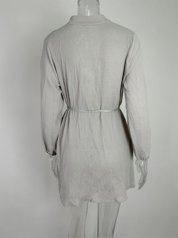 Solid Color Button Tie Mini Dress with Ruffled Hem – Leisure Style