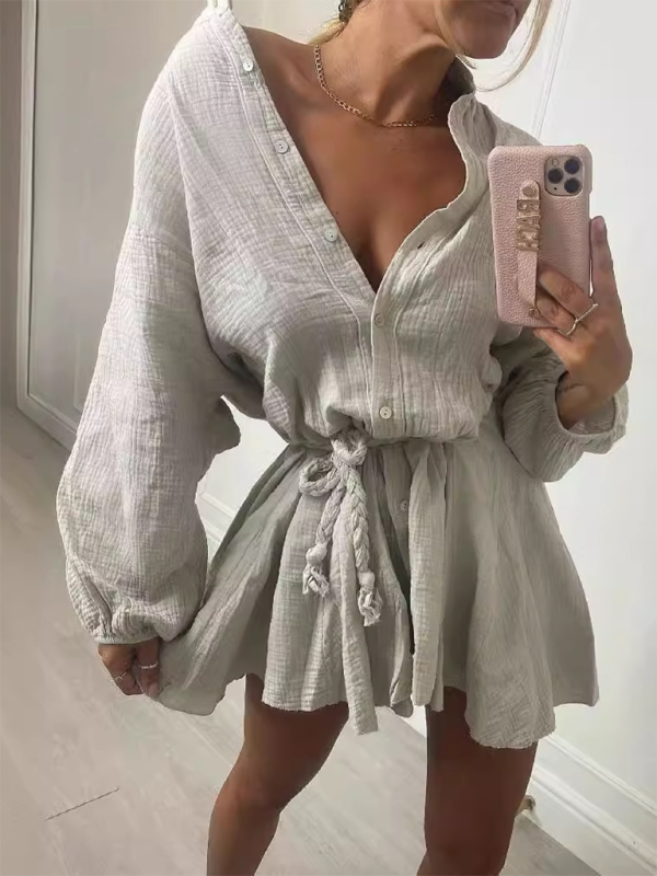 Solid Color Button Tie Mini Dress with Ruffled Hem – Leisure Style