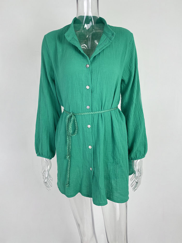 Solid Color Button Tie Mini Dress with Ruffled Hem – Leisure Style