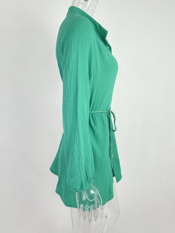 Solid Color Button Tie Mini Dress with Ruffled Hem – Leisure Style