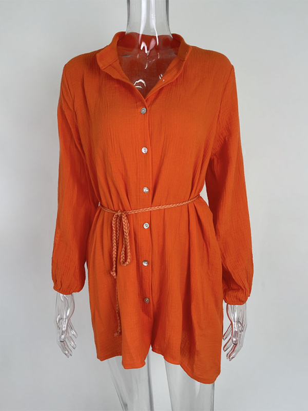Solid Color Button Tie Mini Dress with Ruffled Hem – Leisure Style