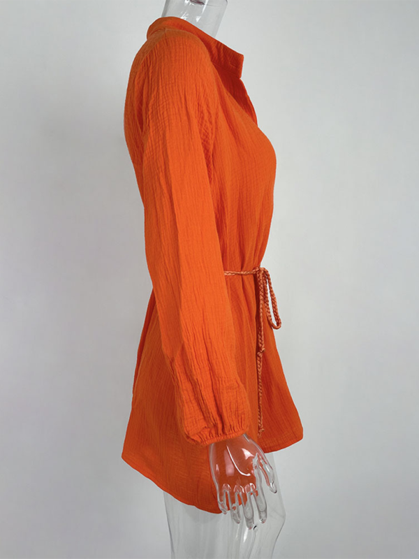 Solid Color Button Tie Mini Dress with Ruffled Hem – Leisure Style