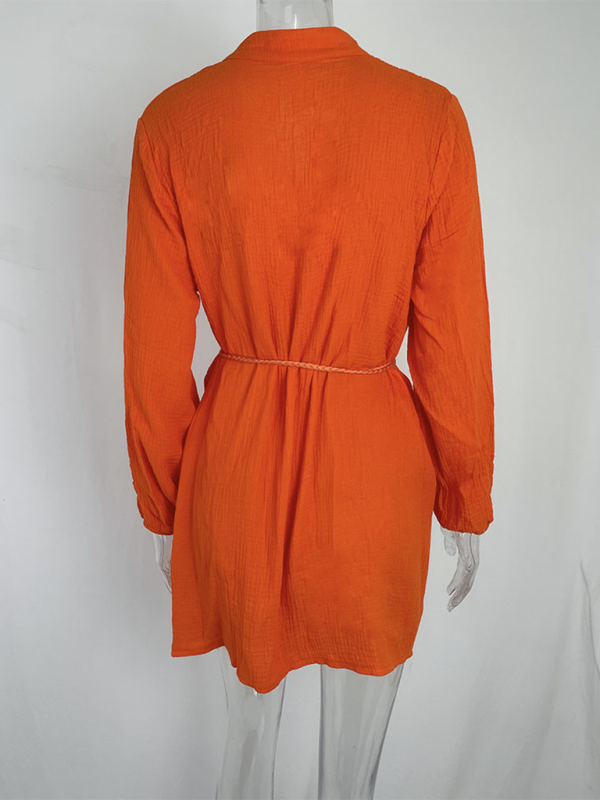 Solid Color Button Tie Mini Dress with Ruffled Hem – Leisure Style