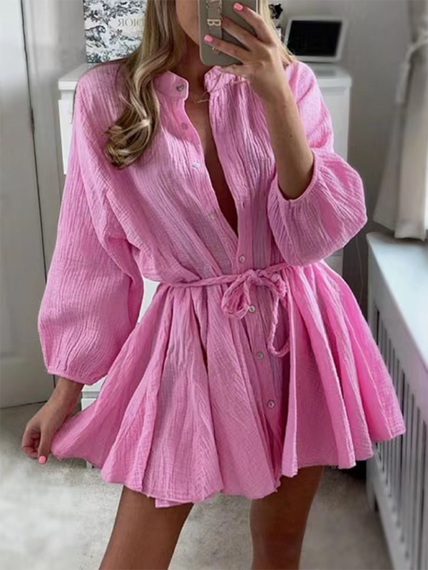 Solid Color Button Tie Mini Dress with Ruffled Hem – Leisure Style