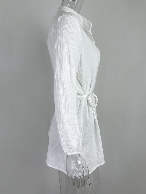 Solid Color Button Tie Mini Dress with Ruffled Hem – Leisure Style