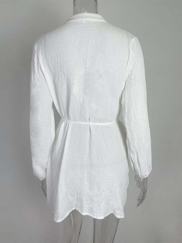 Solid Color Button Tie Mini Dress with Ruffled Hem – Leisure Style