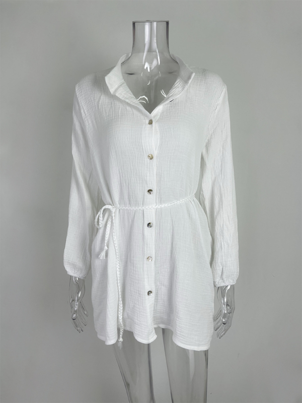 Solid Color Button Tie Mini Dress with Ruffled Hem – Leisure Style