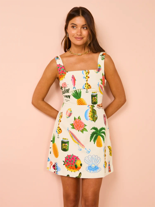 Printed Sleeveless Lace-Up Midi Dress – Cracker Khaki, Woven Linen Blend