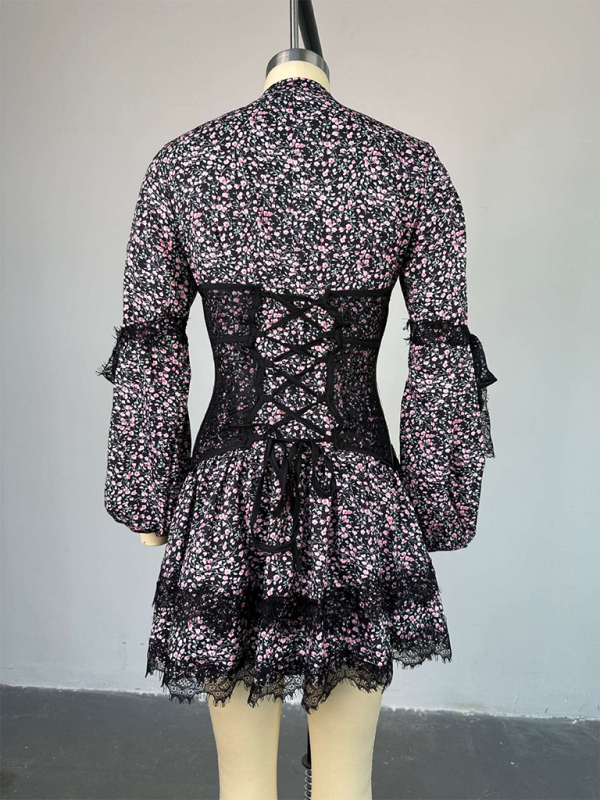 Romantic Printed Lace Waist Dress – Long Sleeve Mini in Pink & Purple