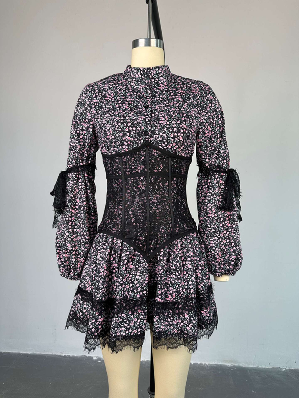 Romantic Printed Lace Waist Dress – Long Sleeve Mini in Pink & Purple