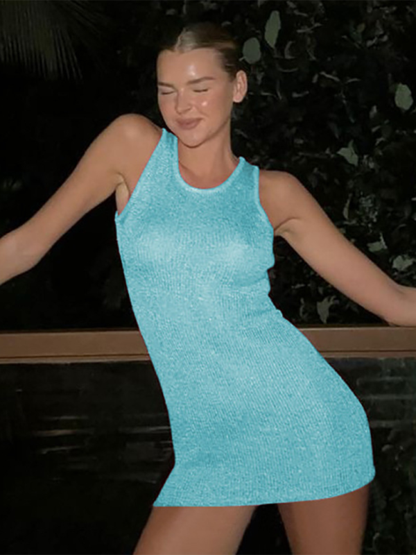 Slim Knit Sleeveless Dress – Round Neck Solid Color for Summer Chic