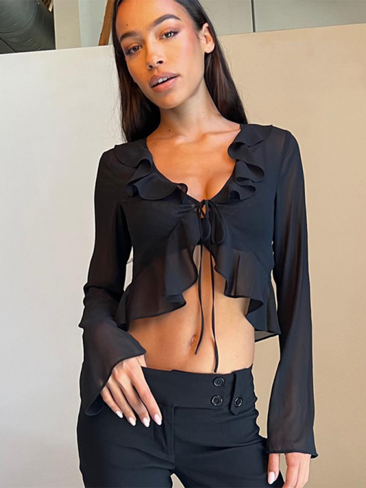 Sheer Ruffled Lace-Up Deep V-Neck Long Sleeve Top