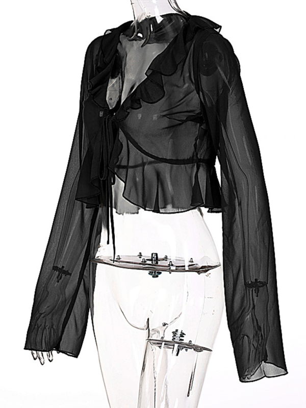 Sheer Ruffled Lace-Up Deep V-Neck Long Sleeve Top