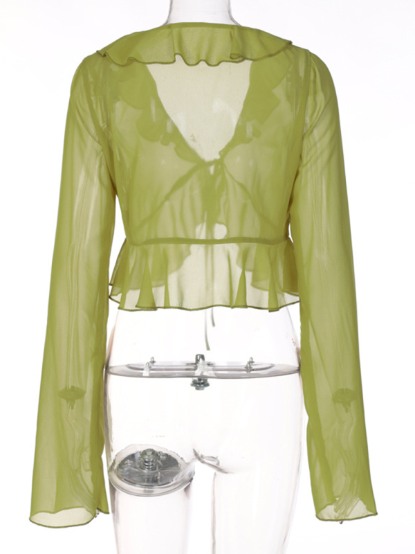 Sheer Ruffled Lace-Up Deep V-Neck Long Sleeve Top