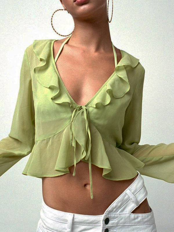Sheer Ruffled Lace-Up Deep V-Neck Long Sleeve Top
