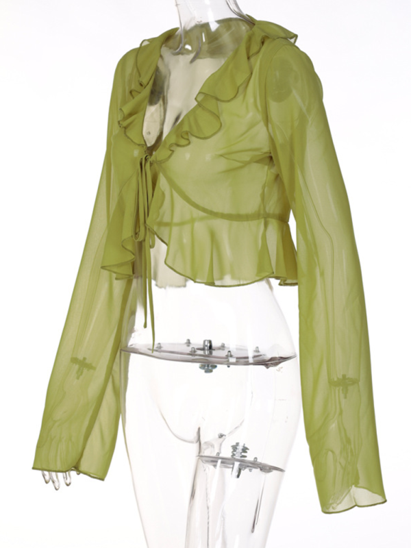 Sheer Ruffled Lace-Up Deep V-Neck Long Sleeve Top