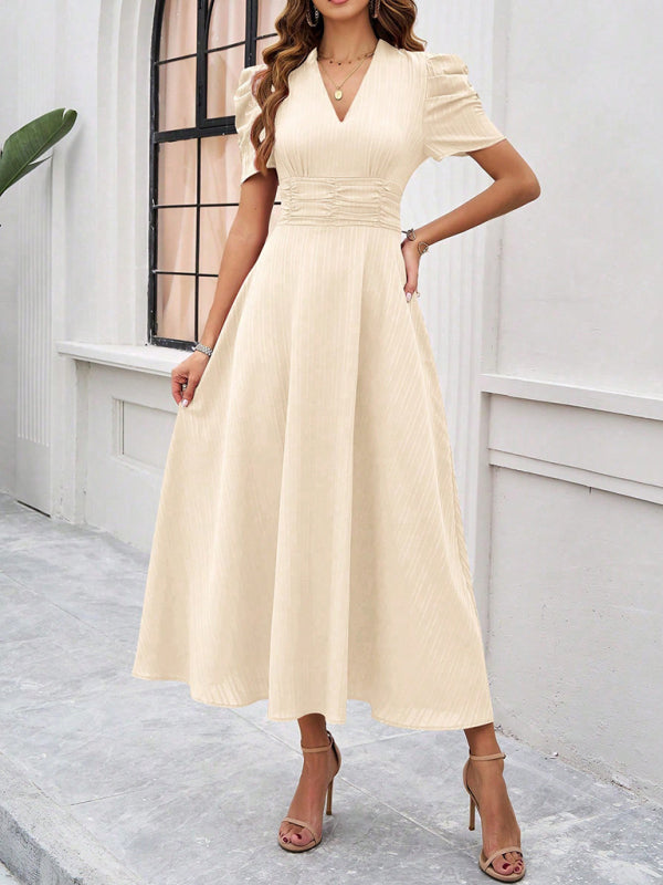 Elegant Solid Color Waist Dress – Deep V Neck, Spring-Summer Style