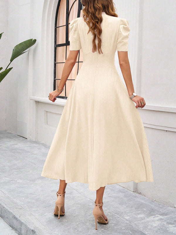Elegant Solid Color Waist Dress – Deep V Neck, Spring-Summer Style