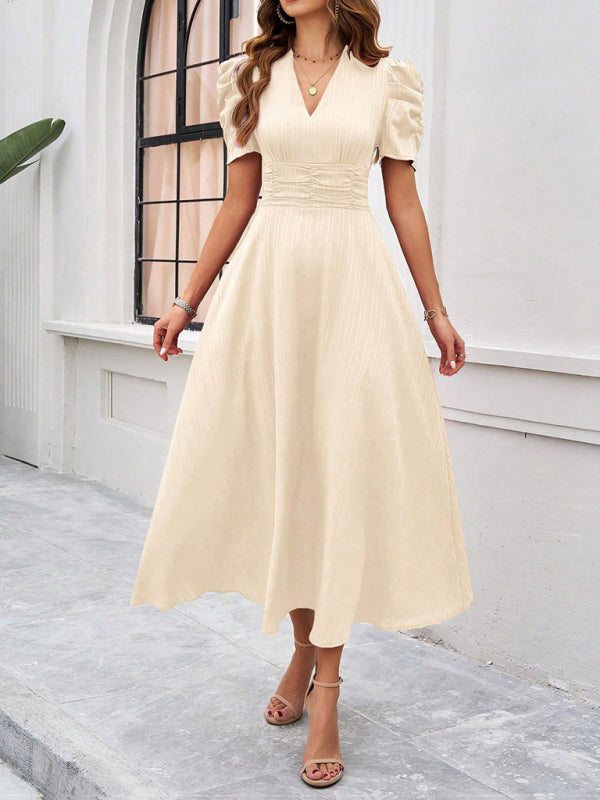 Elegant Solid Color Waist Dress – Deep V Neck, Spring-Summer Style