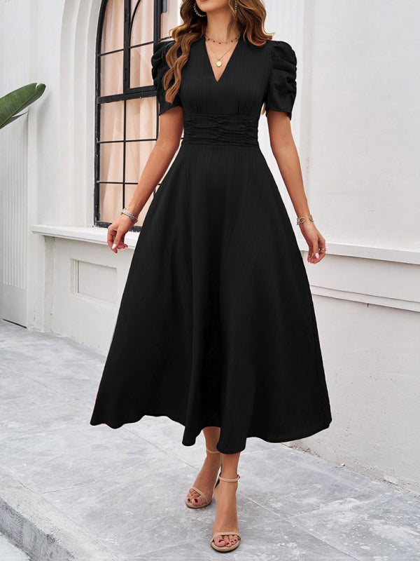 Elegant Solid Color Waist Dress – Deep V Neck, Spring-Summer Style