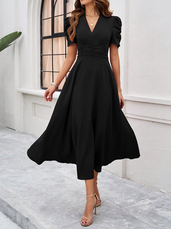Elegant Solid Color Waist Dress – Deep V Neck, Spring-Summer Style