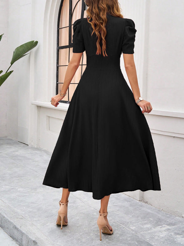 Elegant Solid Color Waist Dress – Deep V Neck, Spring-Summer Style