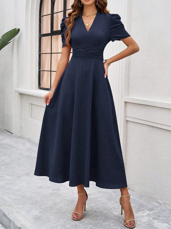 Elegant Solid Color Waist Dress – Deep V Neck, Spring-Summer Style