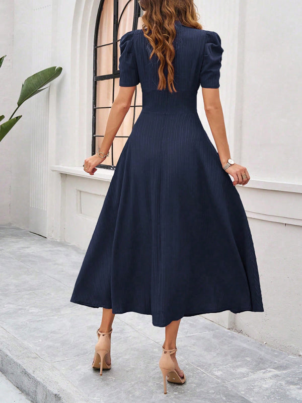 Elegant Solid Color Waist Dress – Deep V Neck, Spring-Summer Style