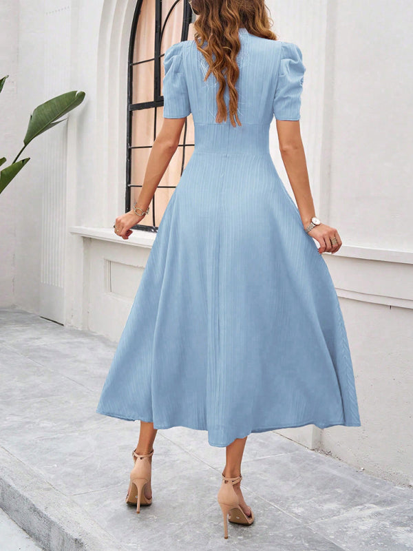 Elegant Solid Color Waist Dress – Deep V Neck, Spring-Summer Style