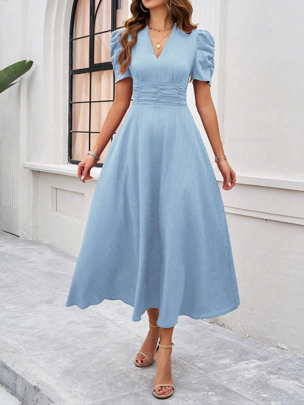 Elegant Solid Color Waist Dress – Deep V Neck, Spring-Summer Style